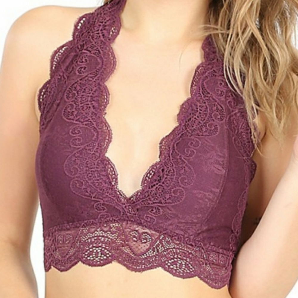 Scalloped Lace Halter Bralette / Bandeau M Purple - Eggplant New - Picture 1 of 4